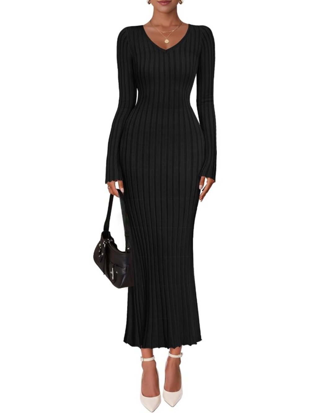 Chic Long Sleeve V-Neck Ribbed Knit Sweater Dress | Bodycon Maxi for Spring